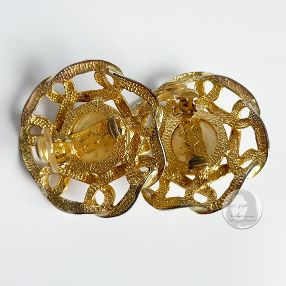 Faux Pearl and Gold Metal Chain Earrings Large Round Vintage Clip On 80s Retro - Picture 8 of 10